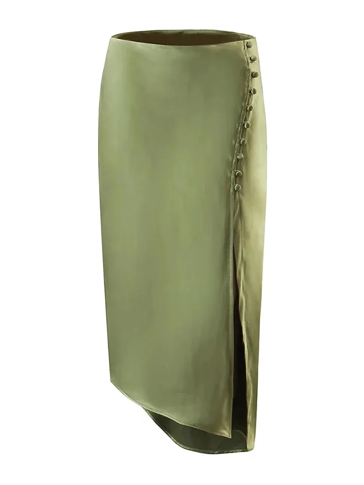 Elegant Button Up Midi Slit Satin Skirt