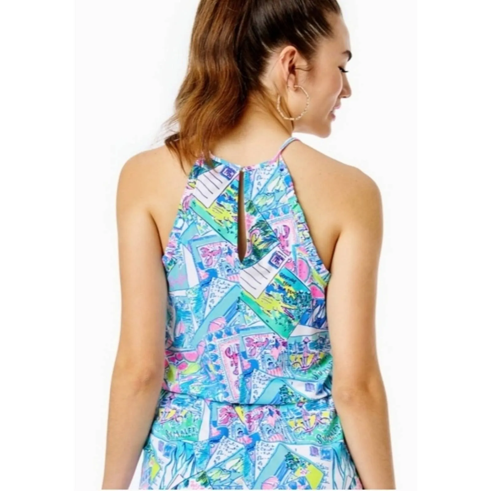 LILLY PULITZER DAYLEY ROMPER IN MULTI POP UP WISH YOU WERE HERE